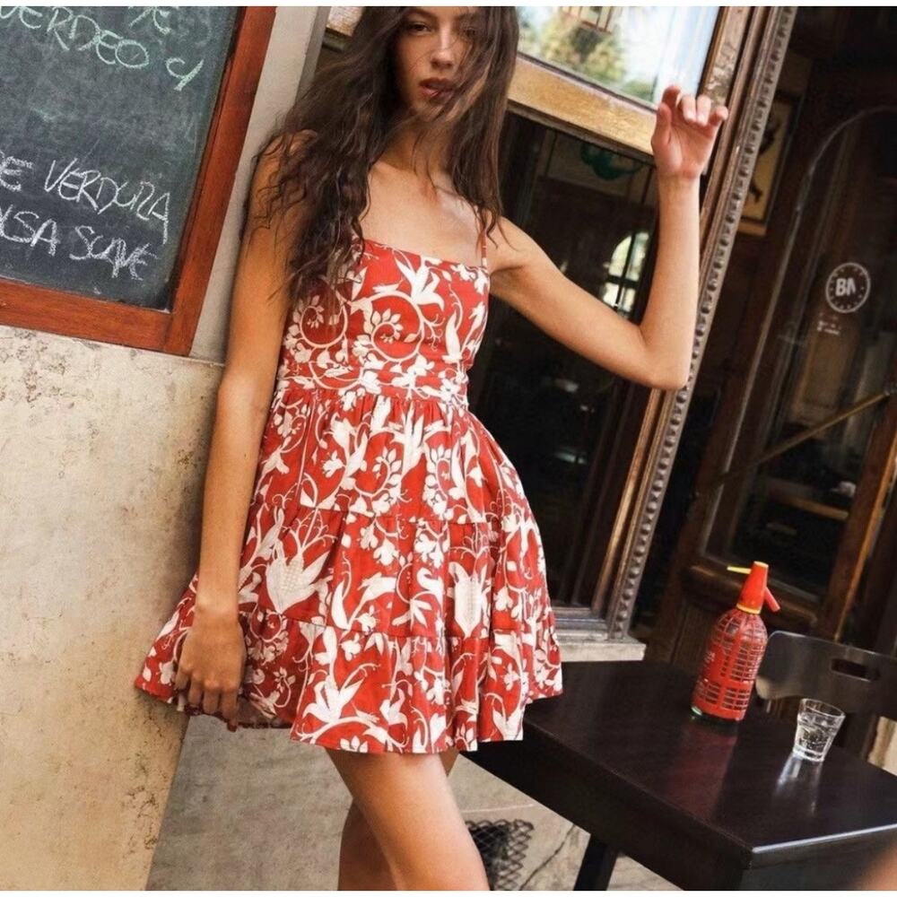 Agua by Agua Bendita Lima Maiz Hand-Embroidered Red 100% Linen Mini Dress M